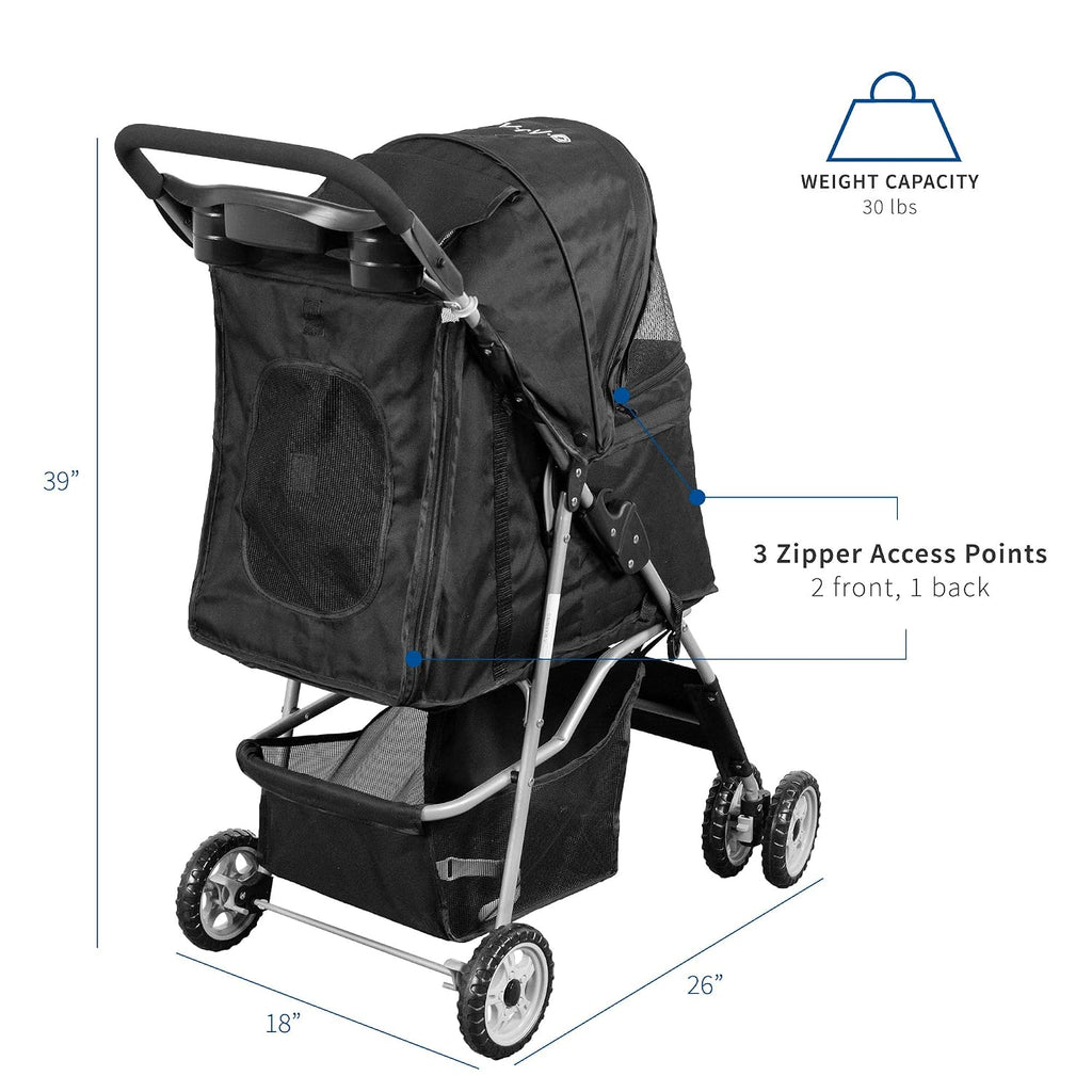 vivo black 4 wheel pet stroller for cat shown in use
