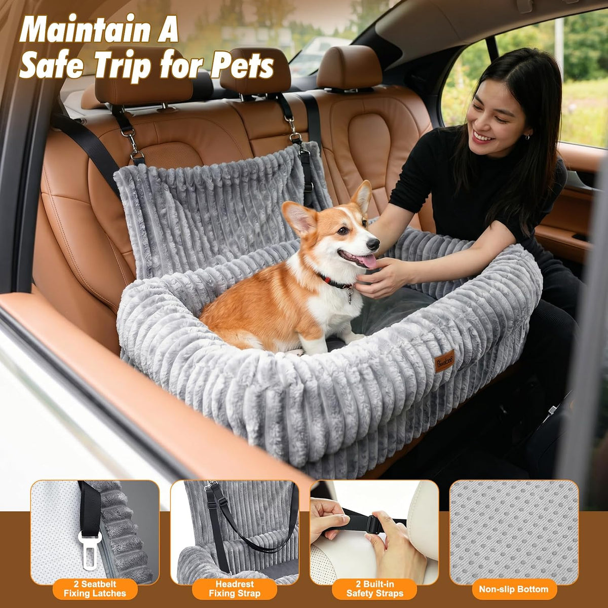 pawaboo dog car seat bed, memory foam booster, side view