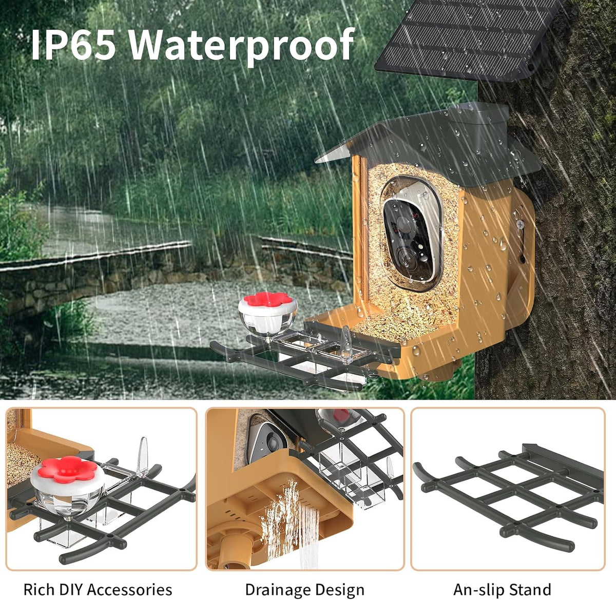 bird feeder with camera 2k hd video ai showing dimensions