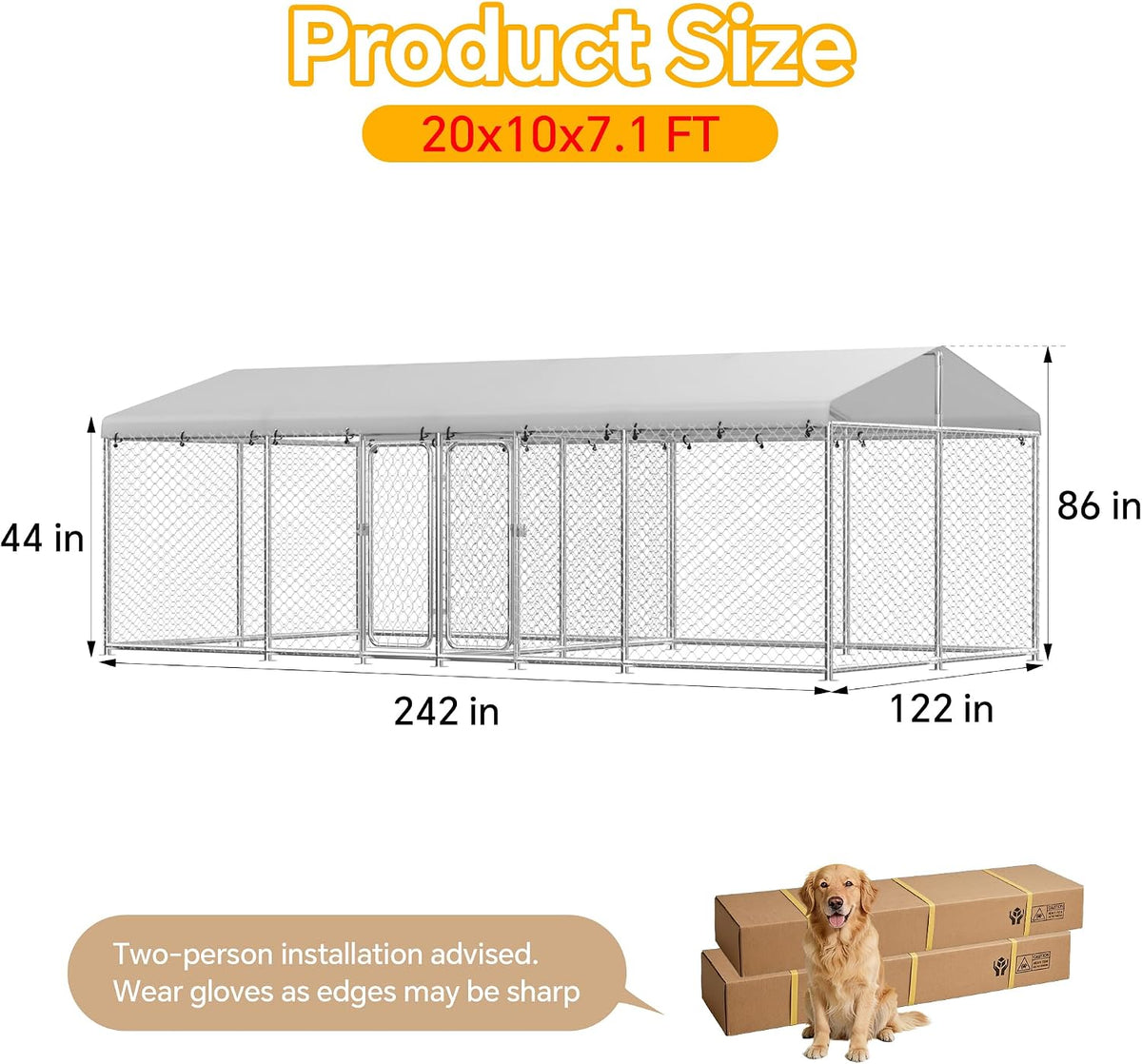20×10×7.2 ft dual‑run large outdoor dog kennel, heavy‑duty showing dimensions