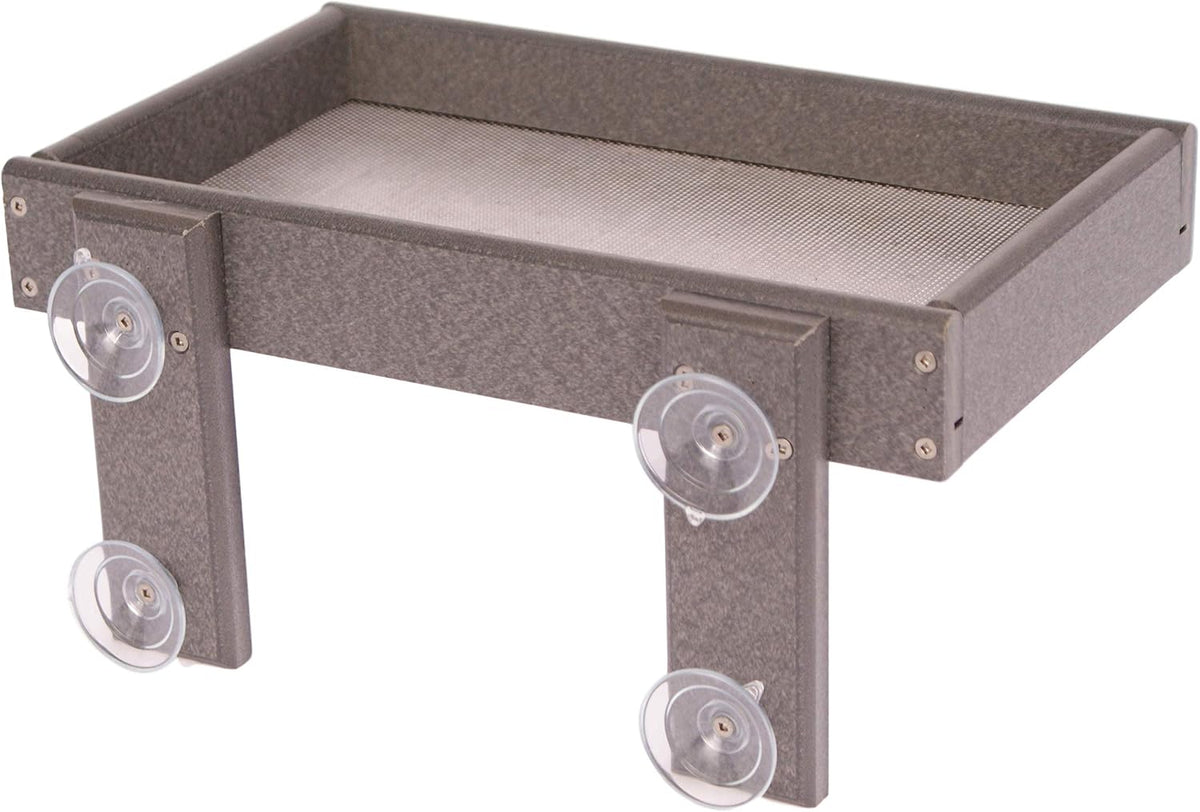 window-mount bird feeder, gray showing dimensions