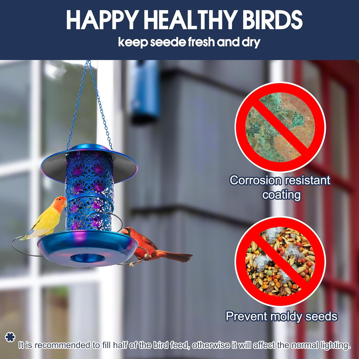 ottsuls solar bird feeder for outdoors hanging, metal showing dimensions
