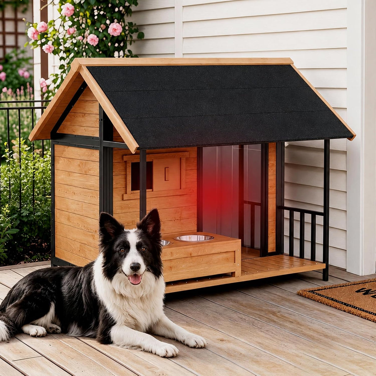 large dog house with porch & dog bowls, package contents