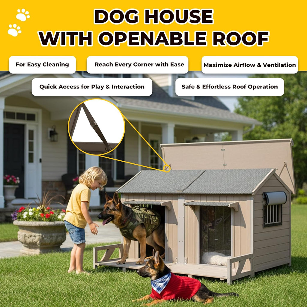extra large outdoor dog house with balcony, weatherproof shown in use