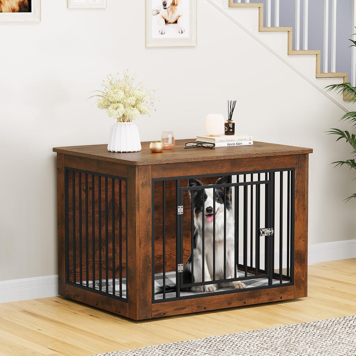 yitahome 38" dog crate furniture 2-in-1 iron-wood fusion, front angle view