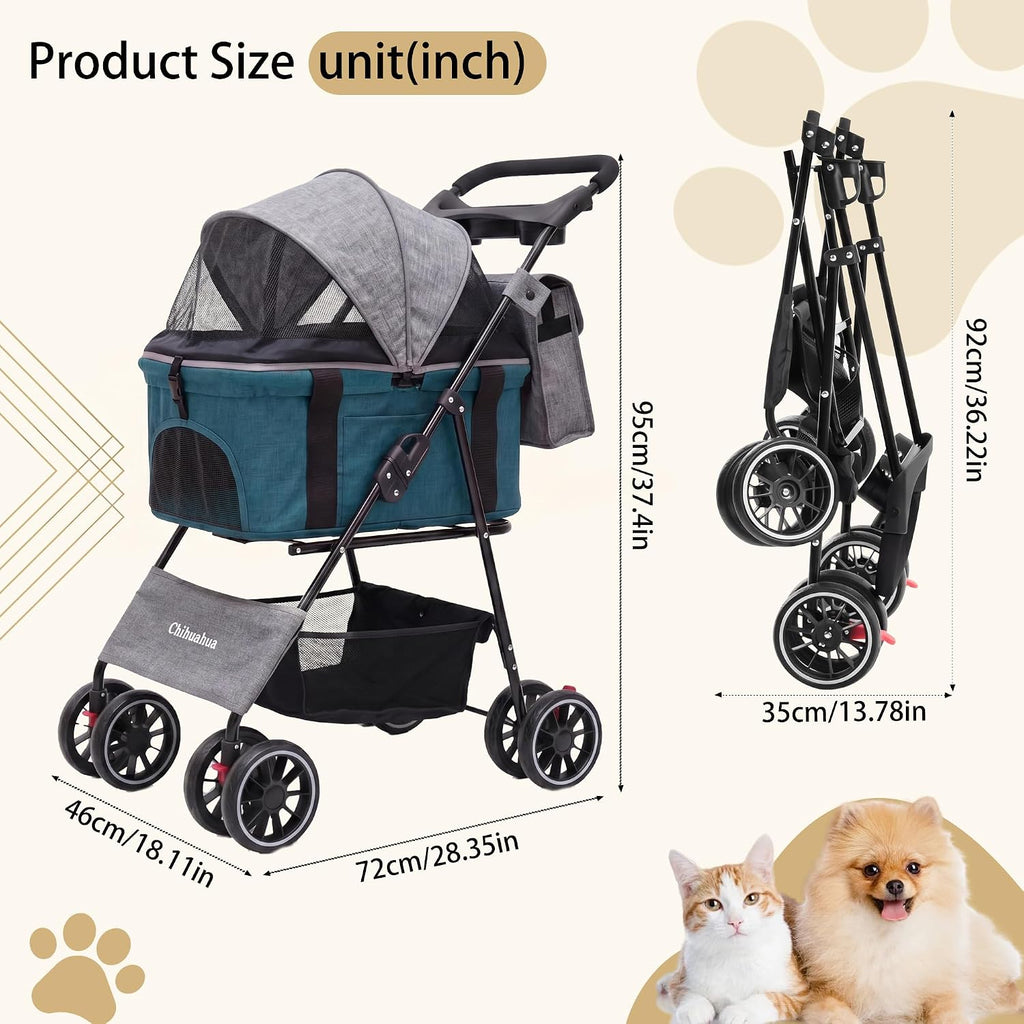 2-in-1 foldable pet stroller 4-wheel for small dogs, close-up detail
