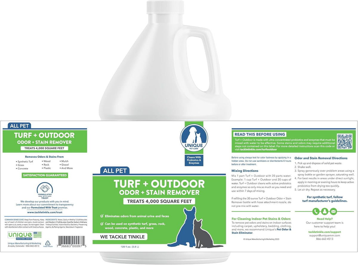 unique turf & outdoor odor and stain remover shown in use