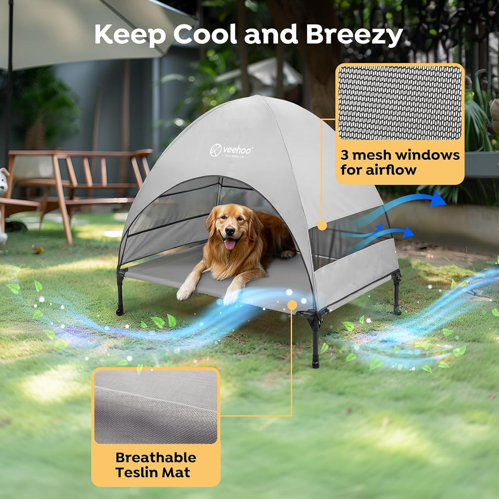 veehoo outdoor dog bed with canopy, cooling elevated, close-up detail