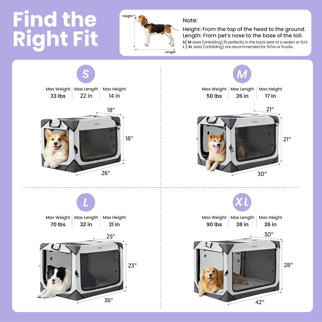 lesure portable collapsible dog crate for medium dogs showing dimensions