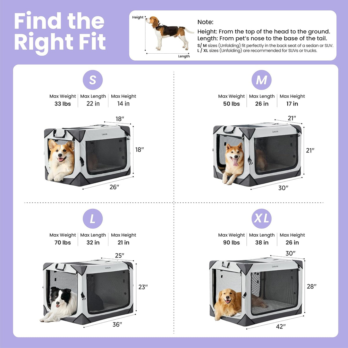 lesure portable collapsible dog crate for medium dogs showing dimensions