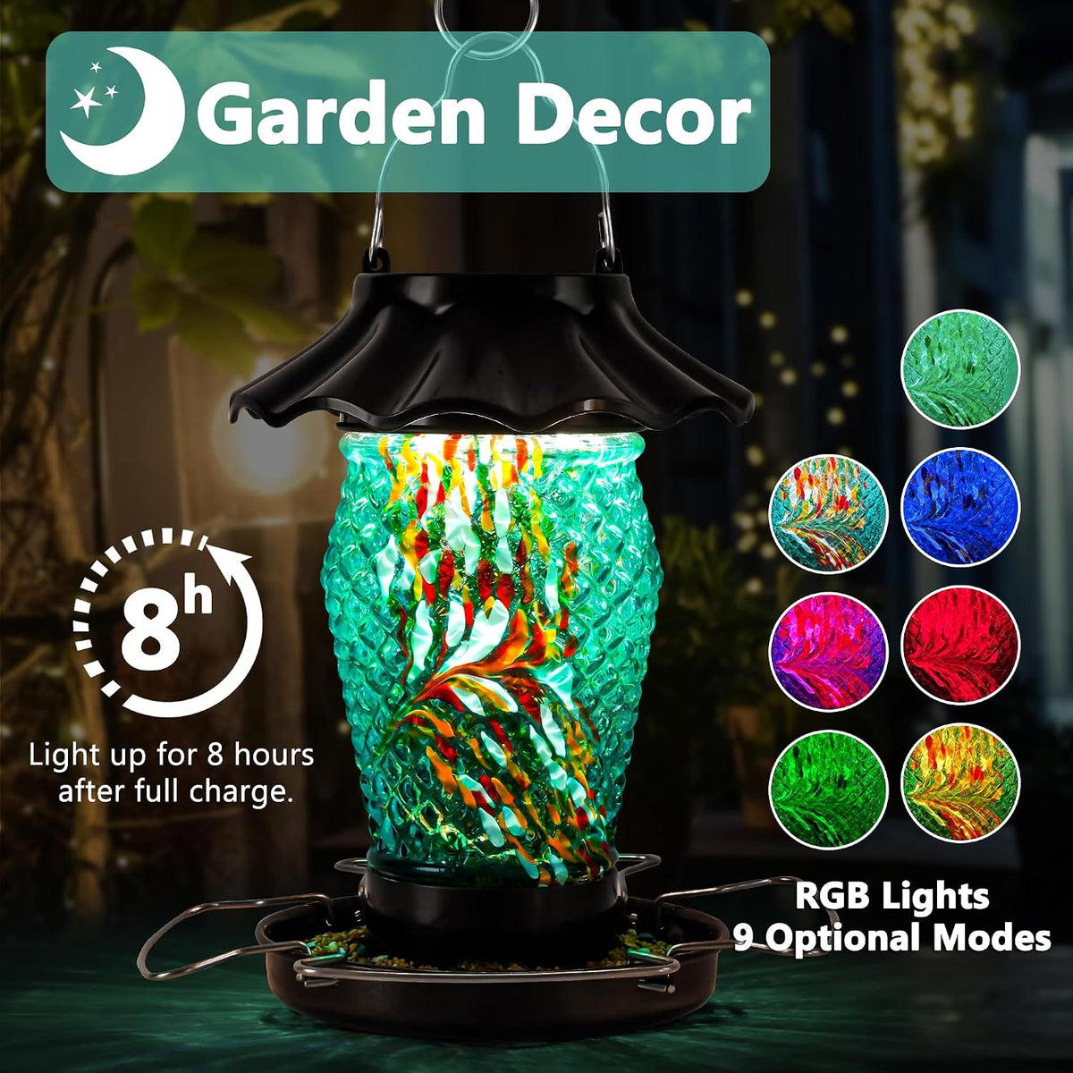 lujii solar powered bird feeder for outside hanging shown in use