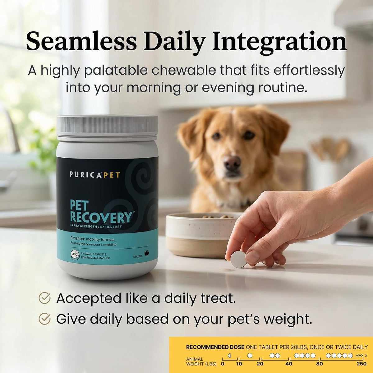 purica pet recovery extra strength, 360 chewable tablets, side view