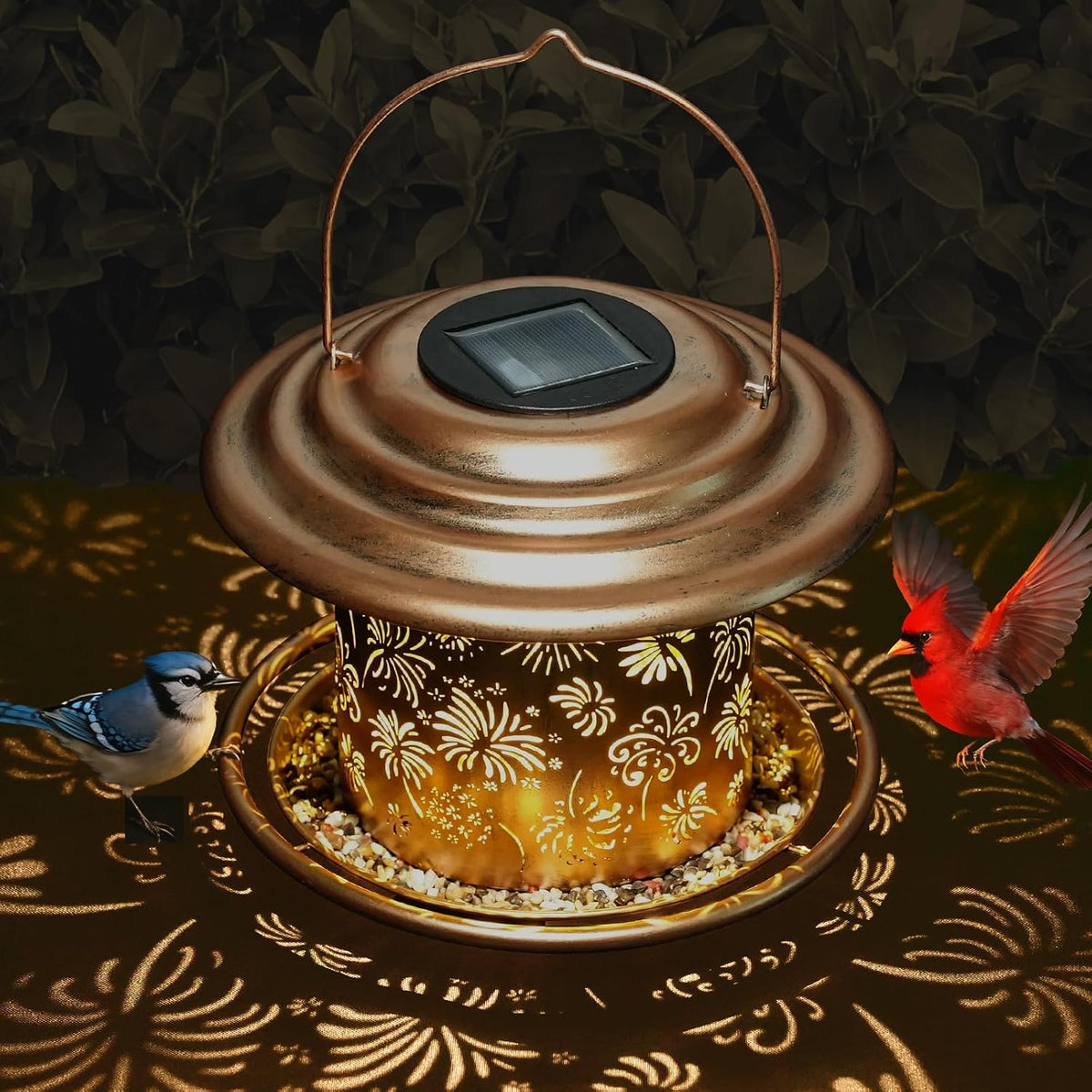 solar bird feeders for outdoors, weatherproof metal bird shown in use