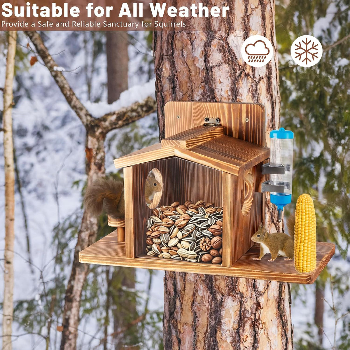 wooden squirrel feeder, large capacity squirrels feeders for shown in use