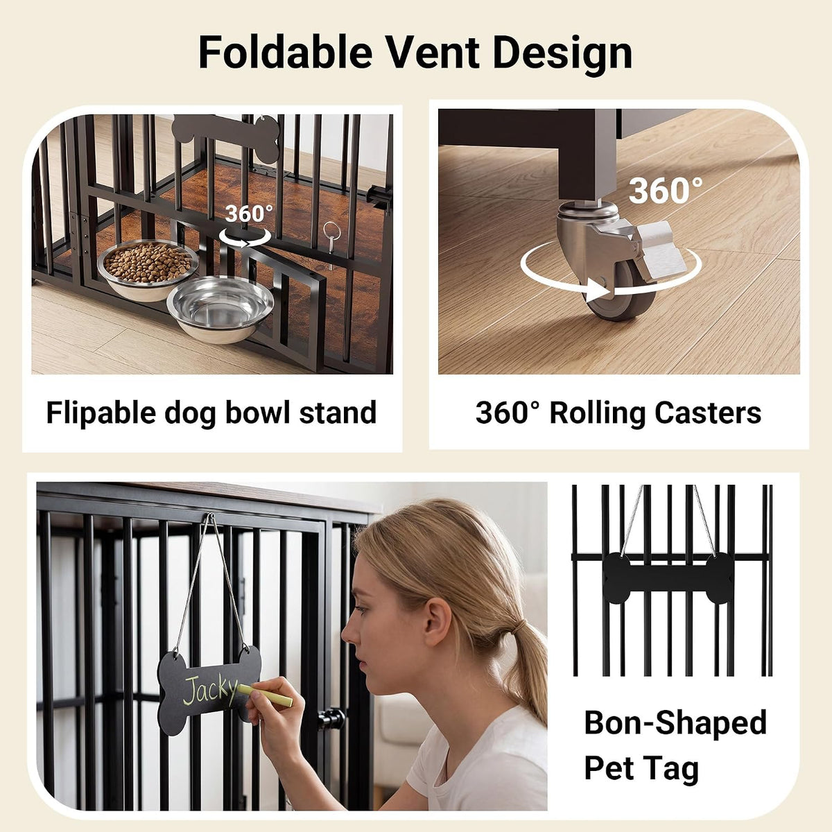seang 31.5” foldable dog crate furniture, dog kennel showing dimensions