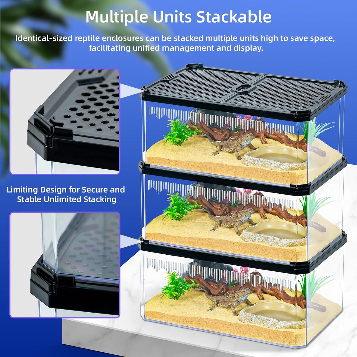 12" clear magnetic door reptile terrarium for gecko, side view