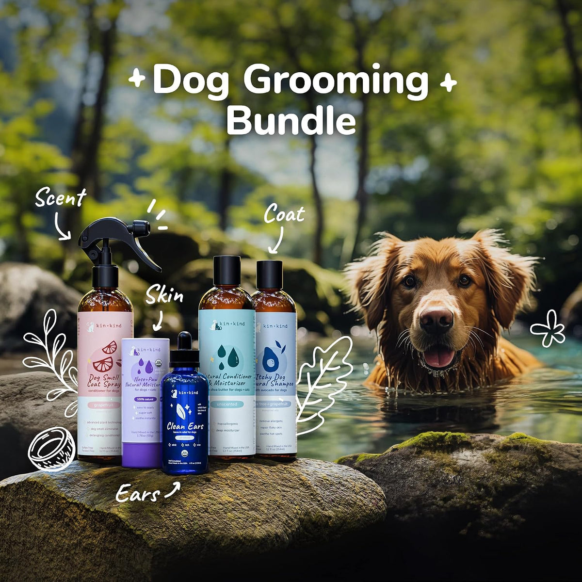 kin+kind cat and dog grooming supplies bundle – shown in use