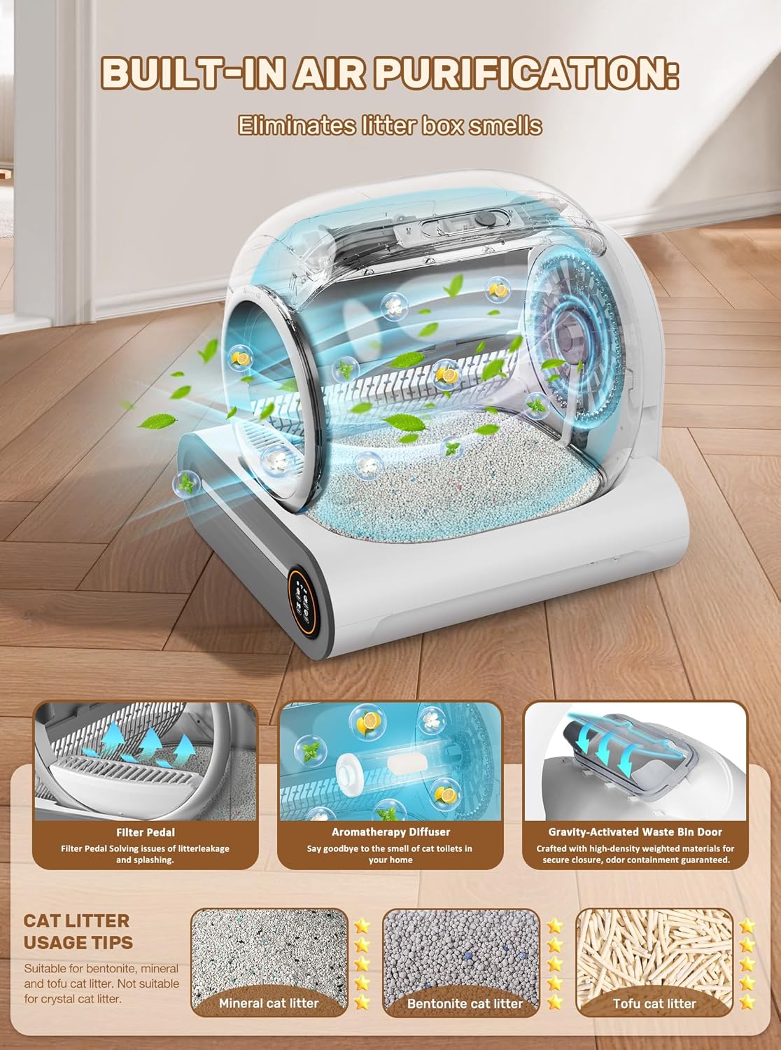 automatic litter box, app control, 65l+9l large capacity,3, side view
