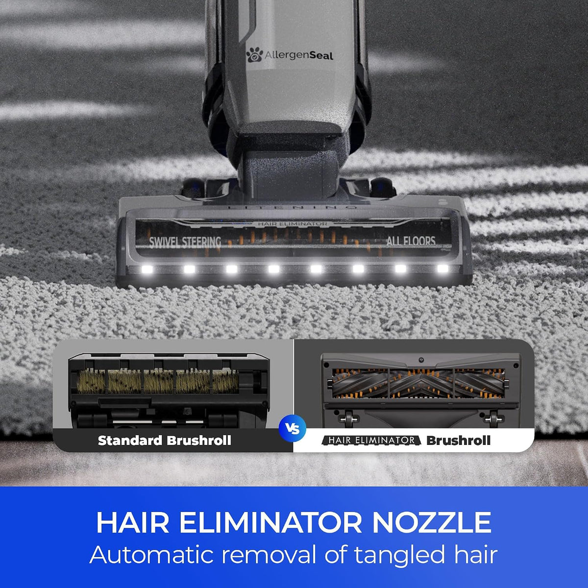 kenmore litening 24v cordless upright vacuum with hair, close-up detail