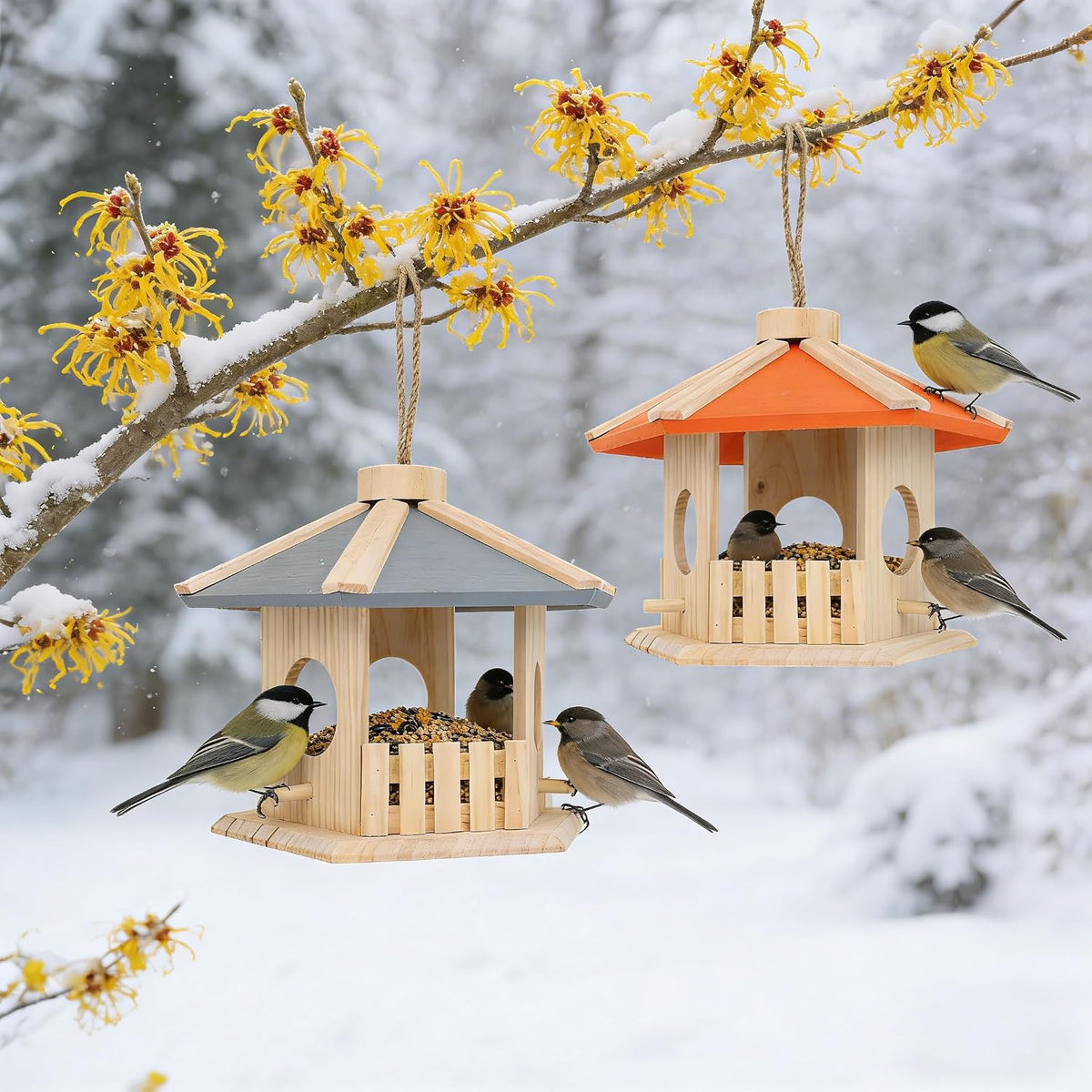 hexagon hanging wooden bird feeder (stone blue), side view