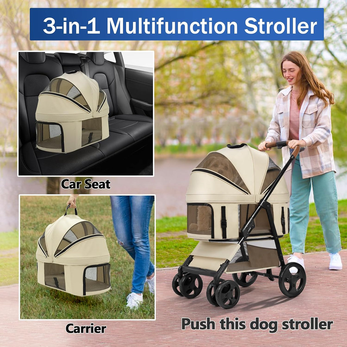 4 wheels pet stroller for small/medium dogs and shown in use