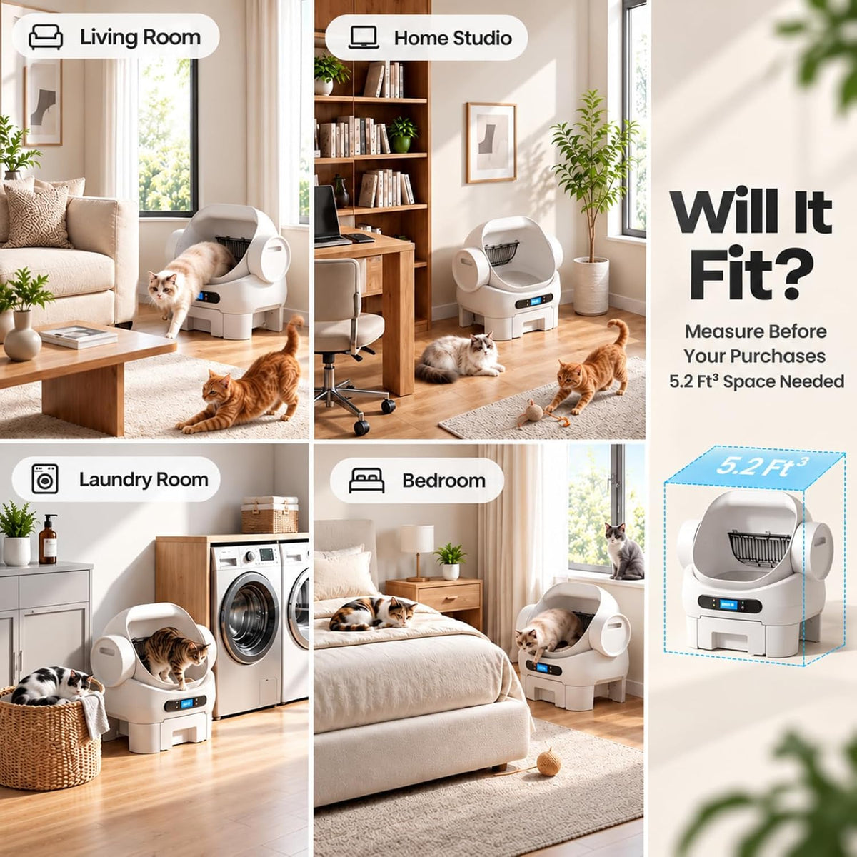 open-top automatic cat litter box, self cleaning litter, close-up detail