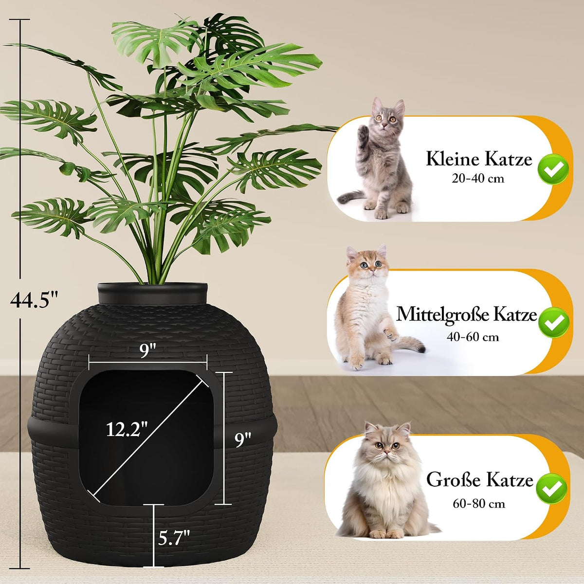 hidden litter box with faux plant, large cat shown in use