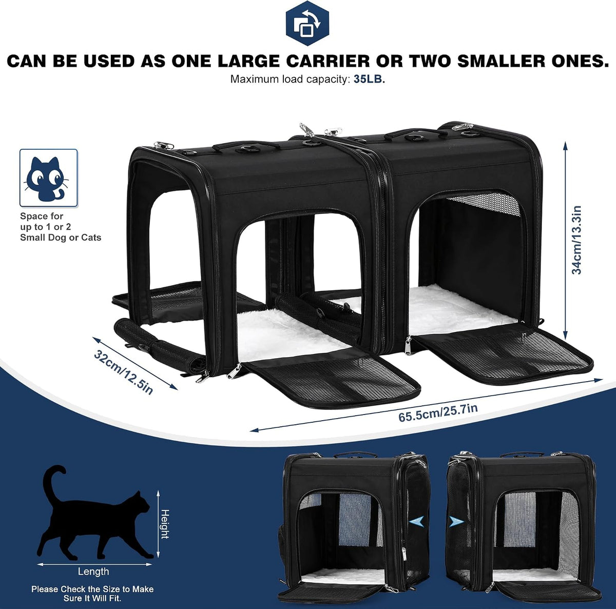 large cat carrier for 2 cats with travel, side view