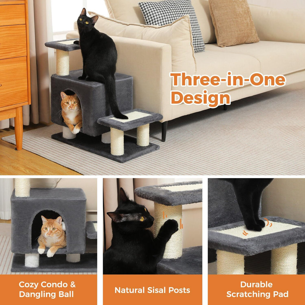 3-in-1 cat stairs with scratching post & condo, side view
