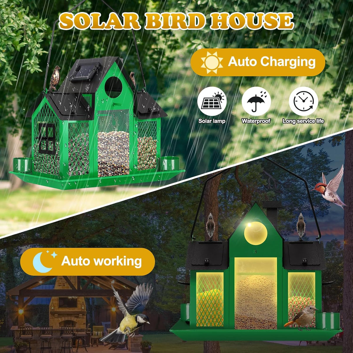 yywmwm solar bird feeders house for outside hanging showing dimensions