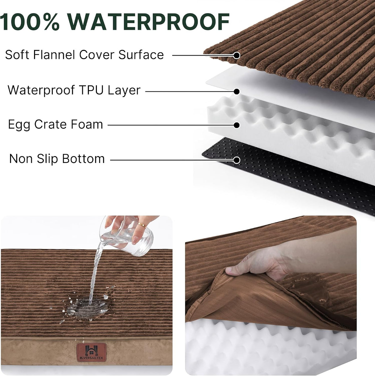 h.versailtex waterproof orthopedic dog bed for crate, cafe, close-up detail