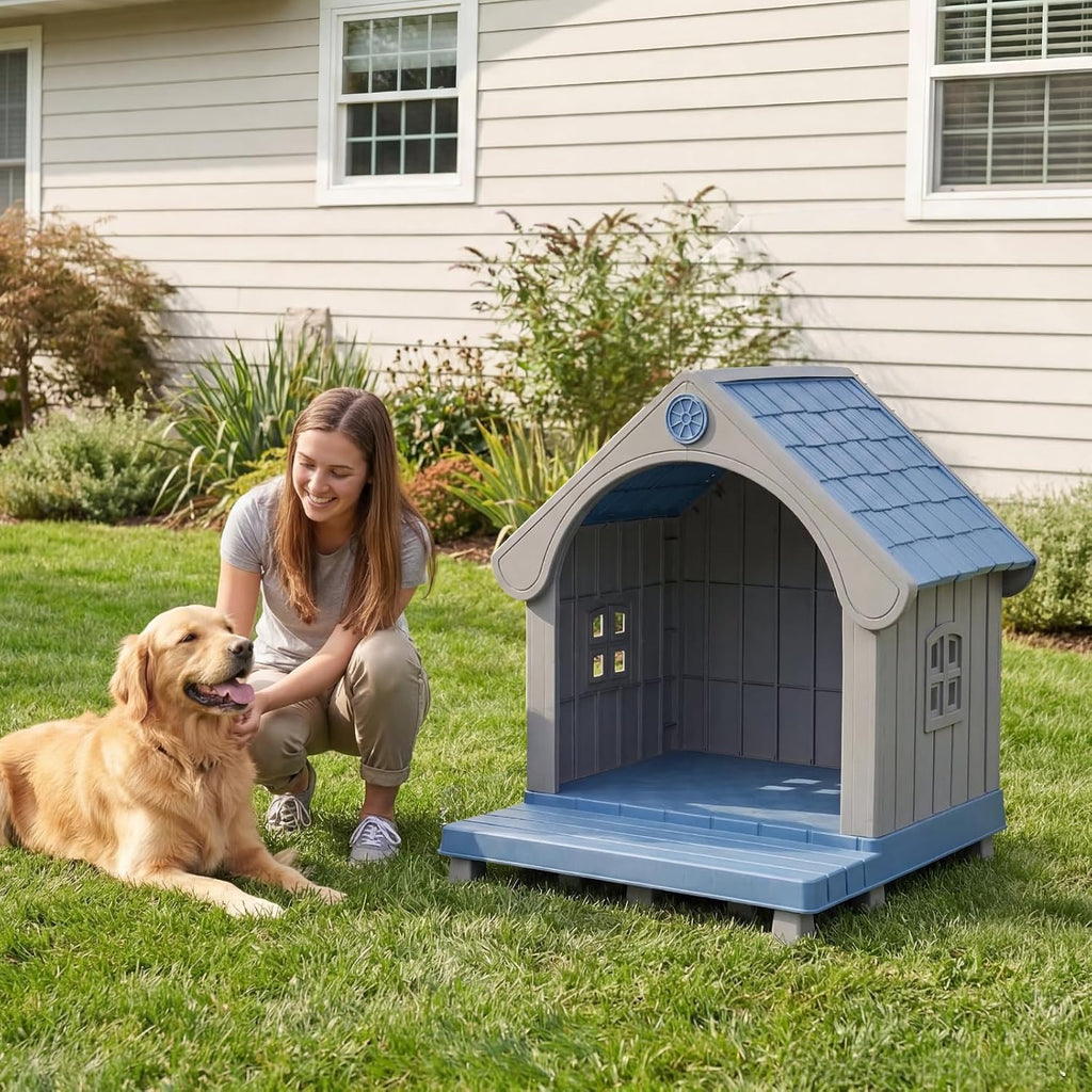 large dog house outdoor waterproof with elevated floor, front angle view