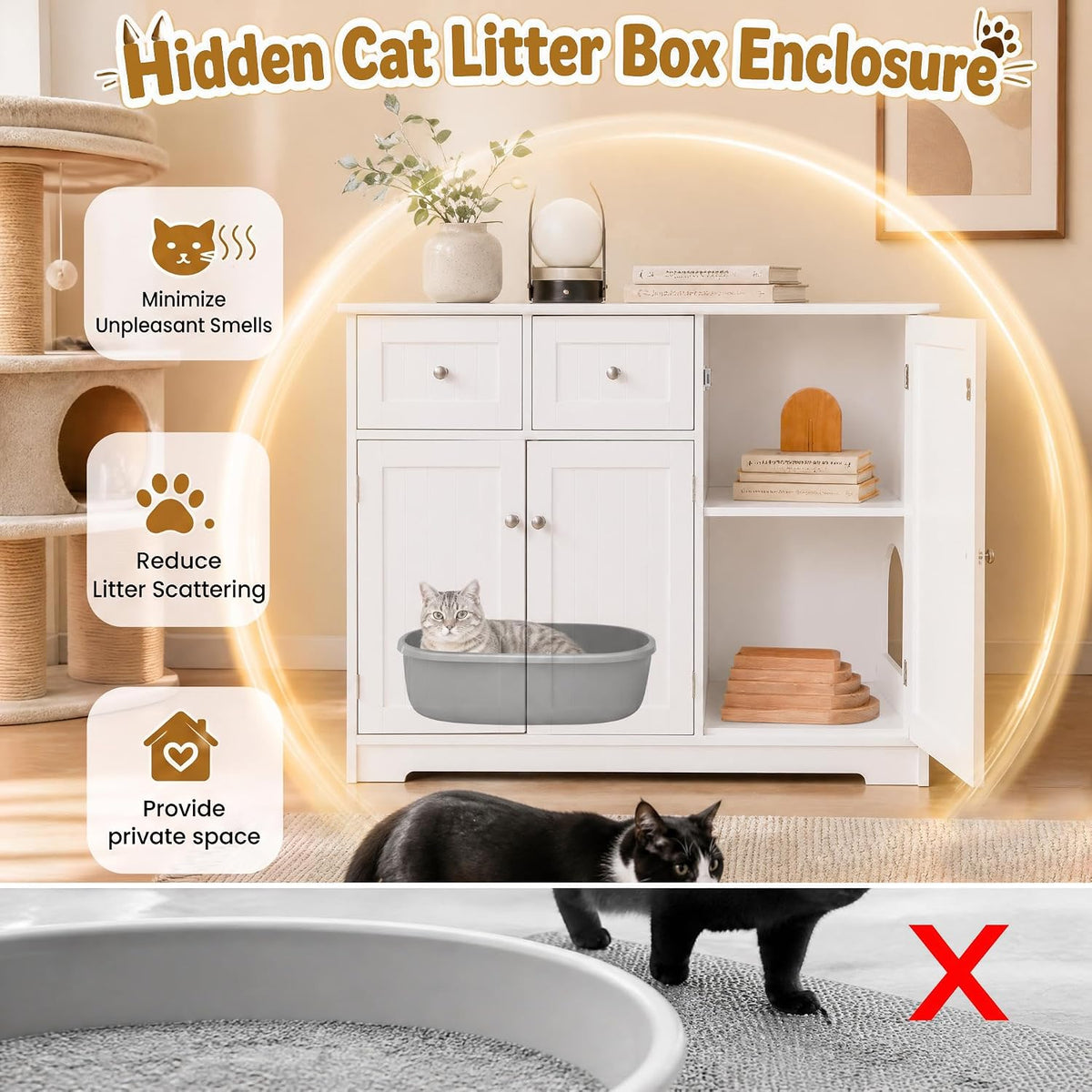 petsite white cat litter box enclosure, modern hidden, side view