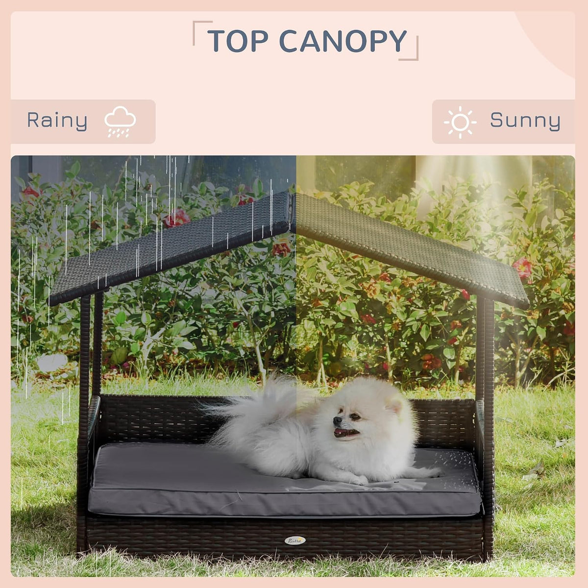 pawhut wicker dog house outdoor with canopy, rattan showing dimensions
