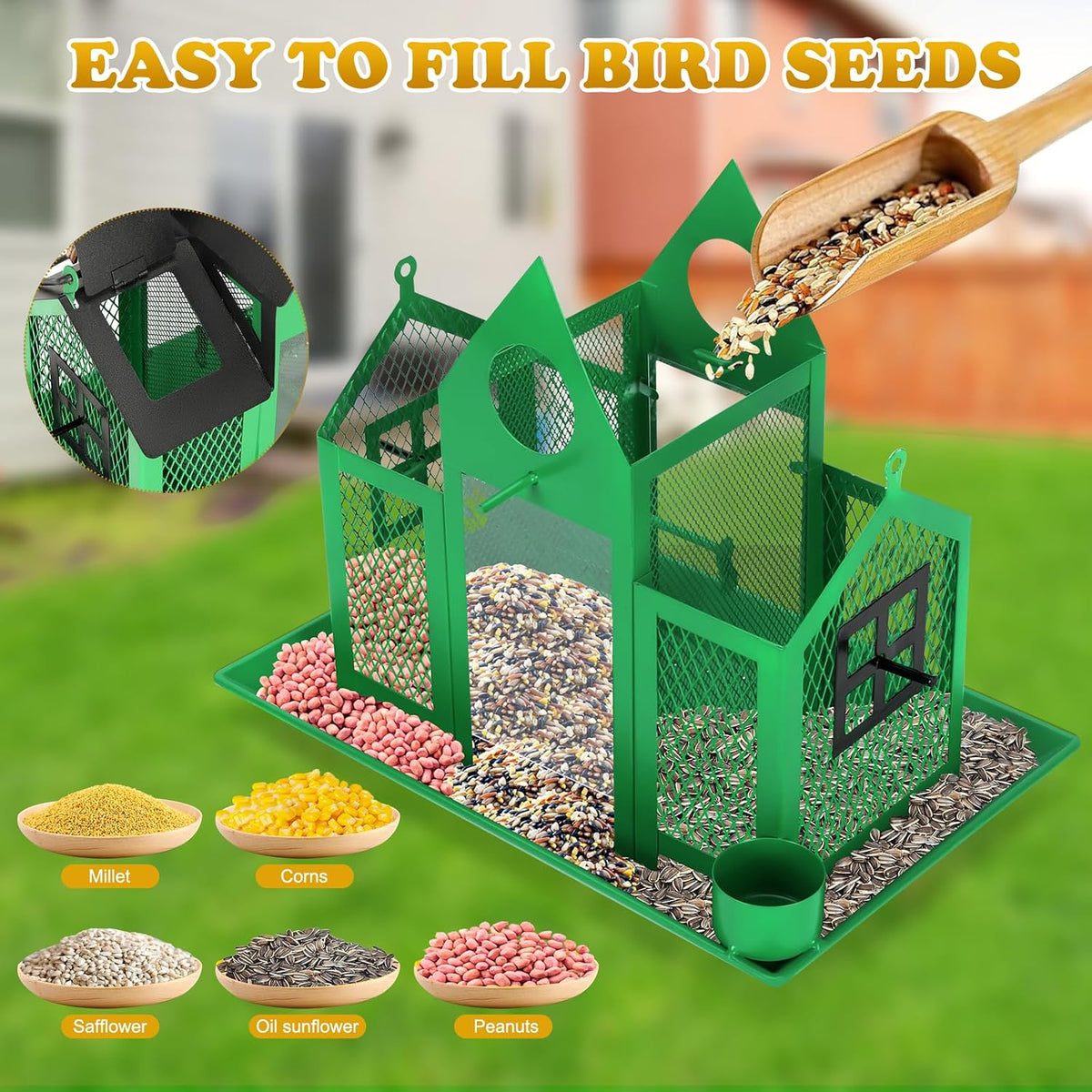 yywmwm solar bird feeders house for outside hanging, side view