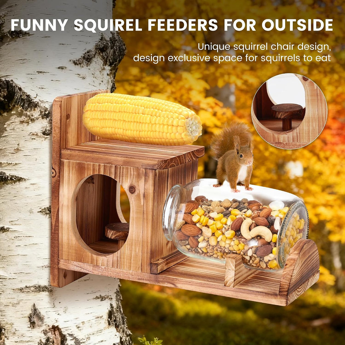 wooden squirrel feeder with glass jar, outdoor chipmunk showing dimensions