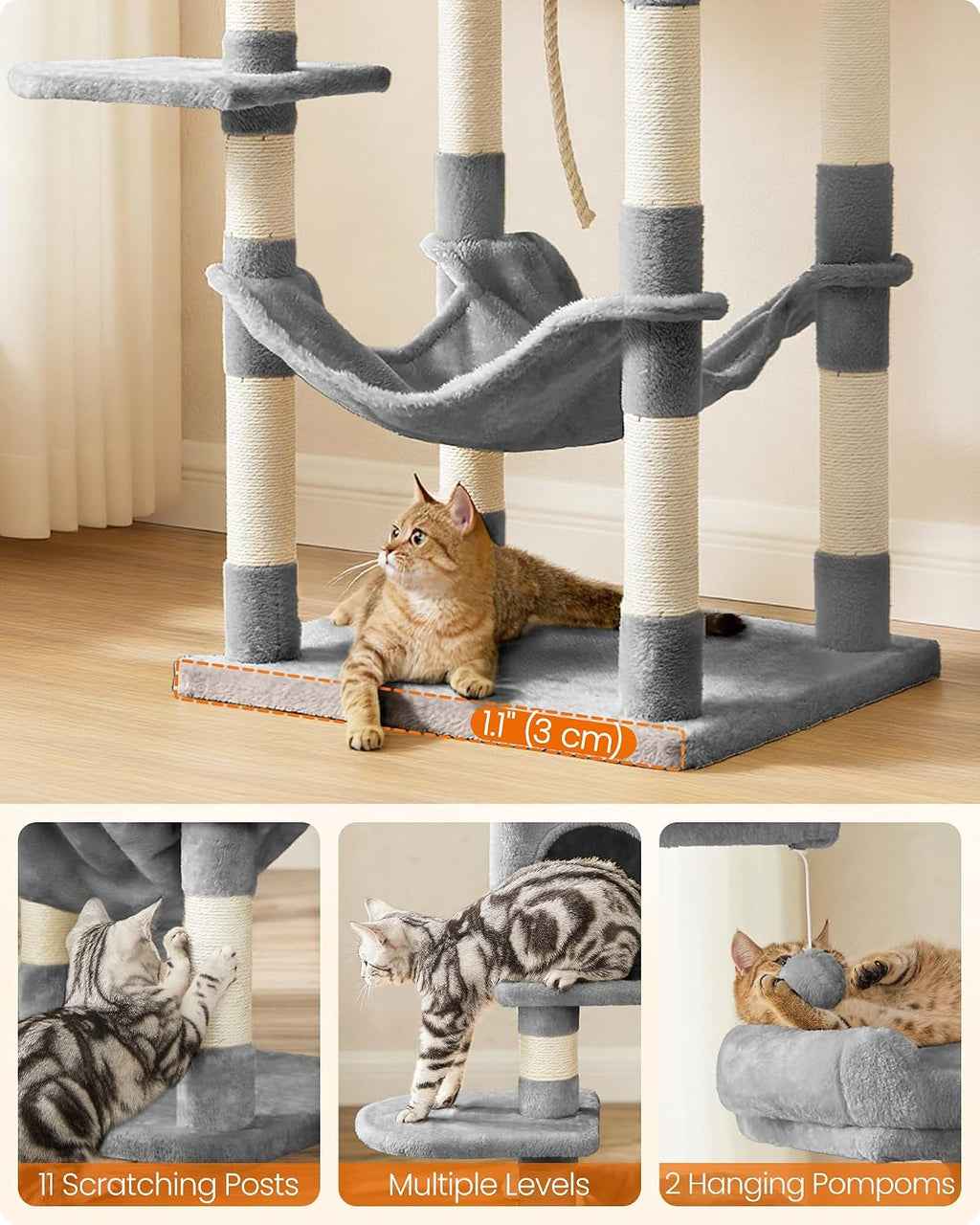 feandrea cat tree, 55.8-inch large cat tower, multi-level, front angle view