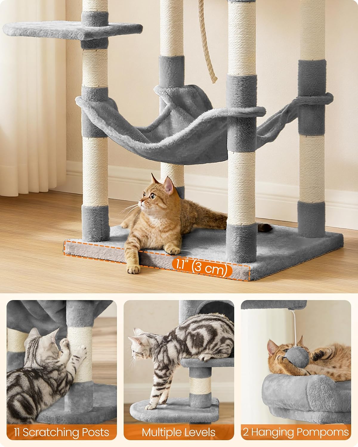 feandrea cat tree, 55.8-inch large cat tower, multi-level, front angle view