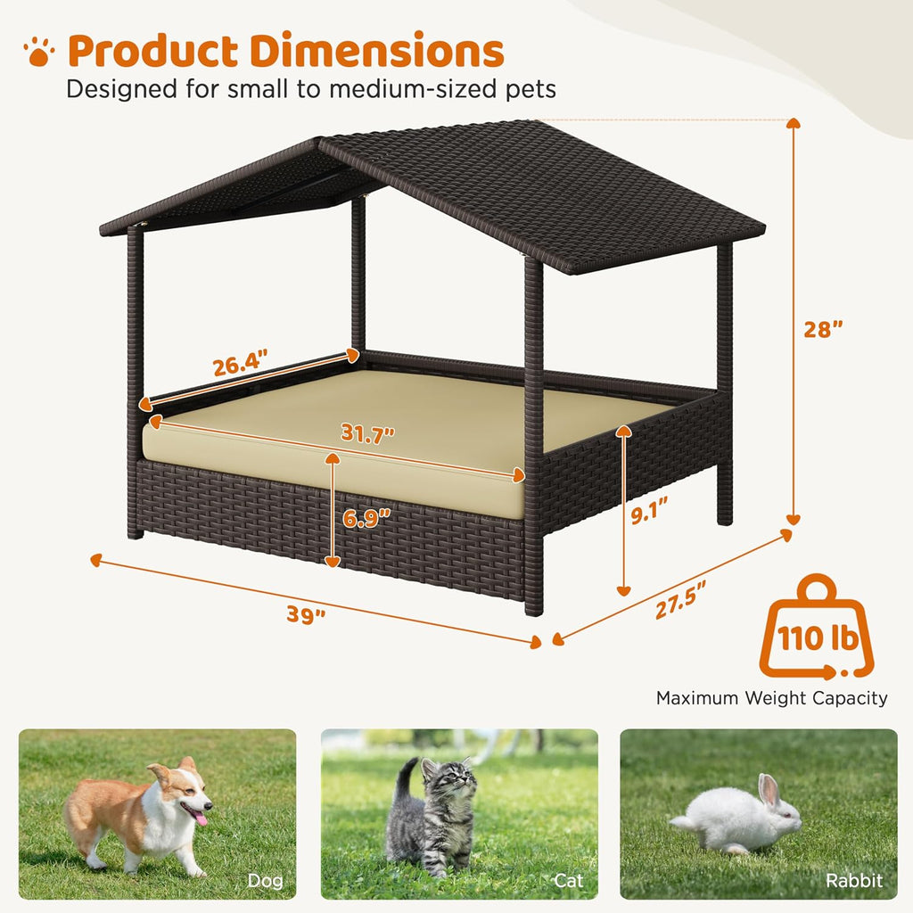 yaheetech wicker dog house outdoor indoor with canopy shown in use