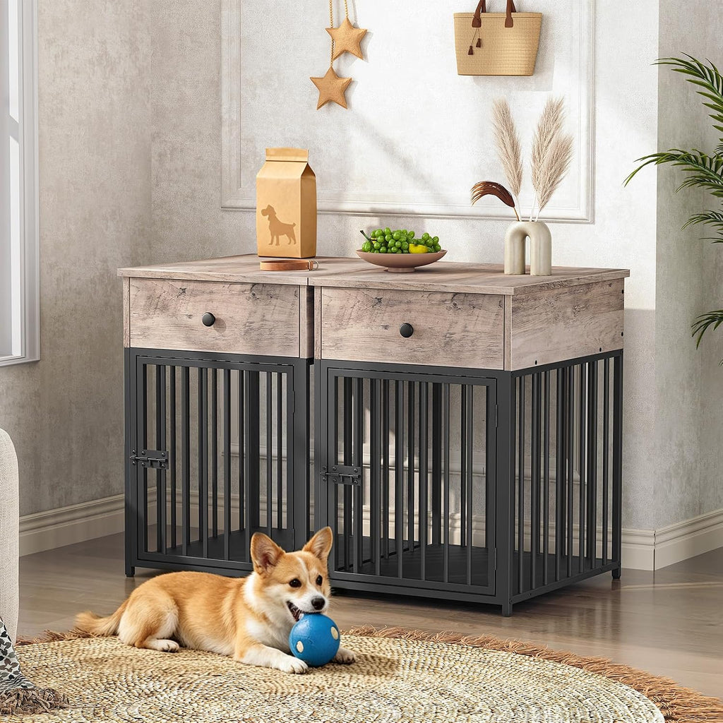 hoobro dog crate furniture, wooden dog house, decorative, side view