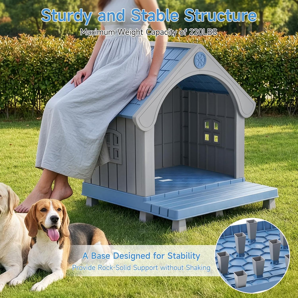 large dog house outdoor waterproof with elevated floor, close-up detail
