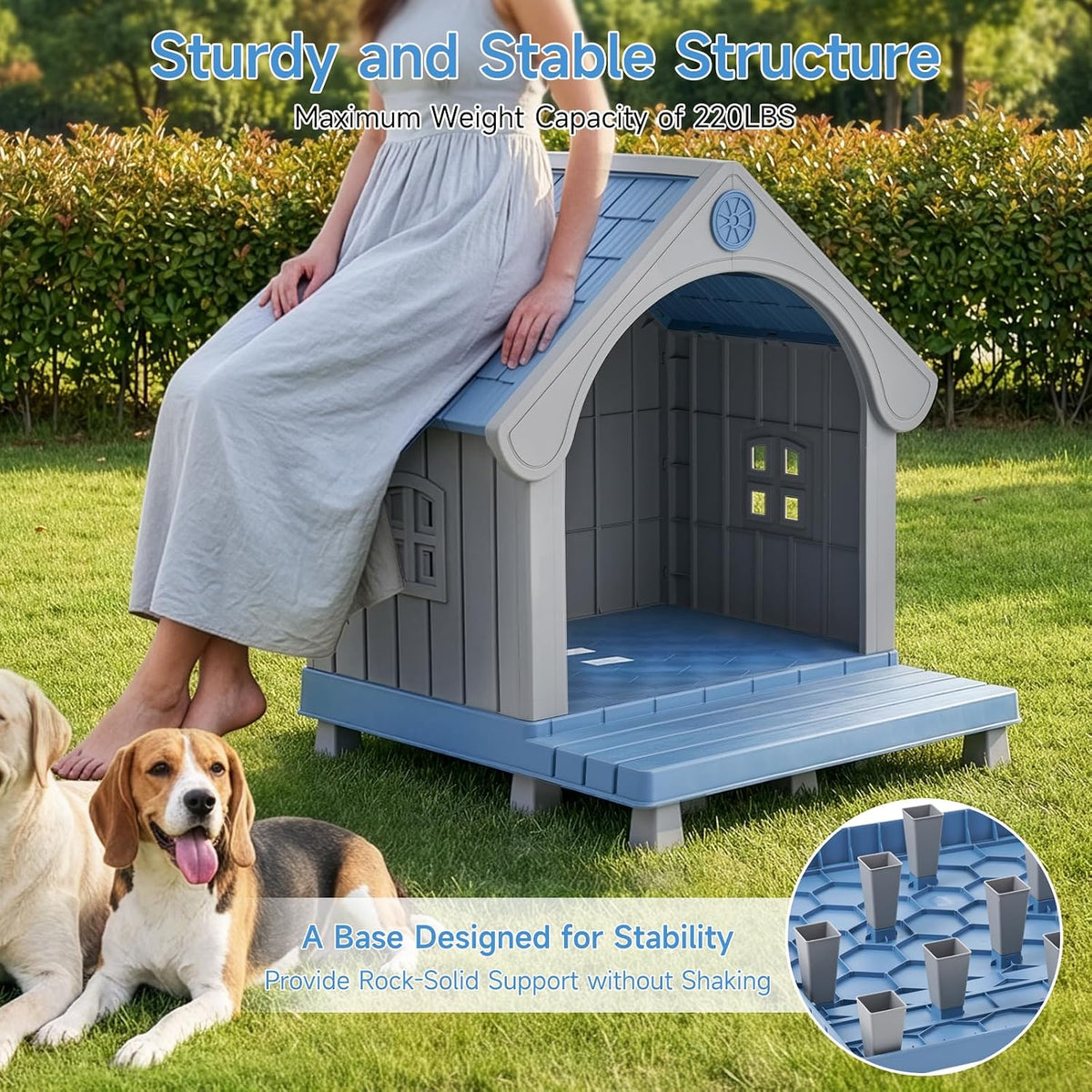 large dog house outdoor waterproof with elevated floor, close-up detail