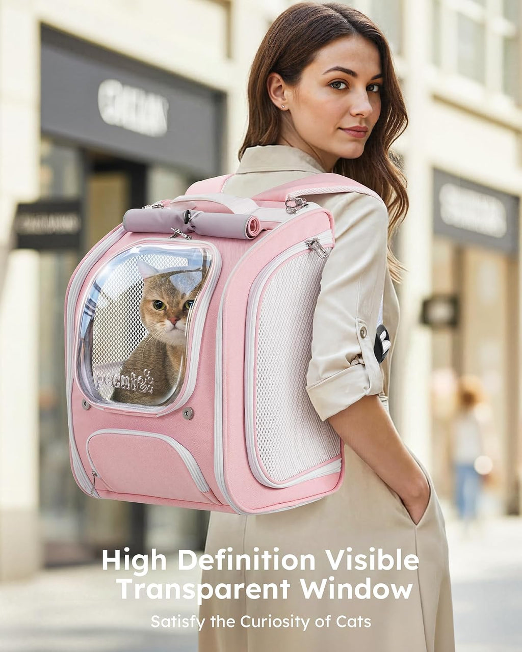pecute cat backpack carrier,large space cat bubble backpack,ergonomic,pink shown in use