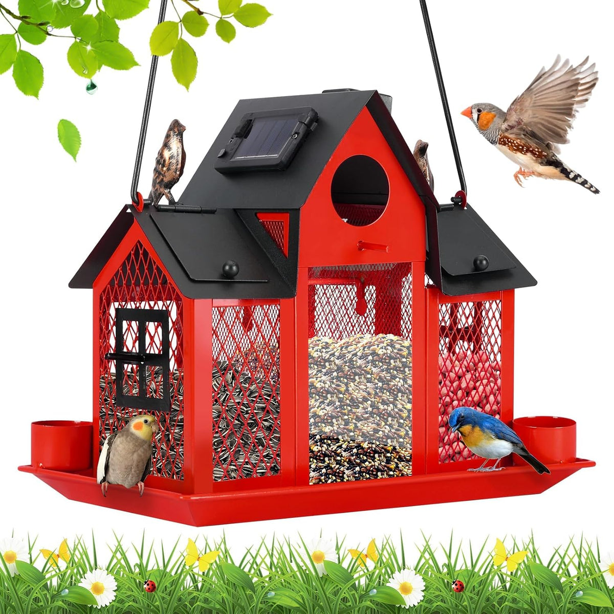 solar bird feeders house for outside hanging, metal, main product view