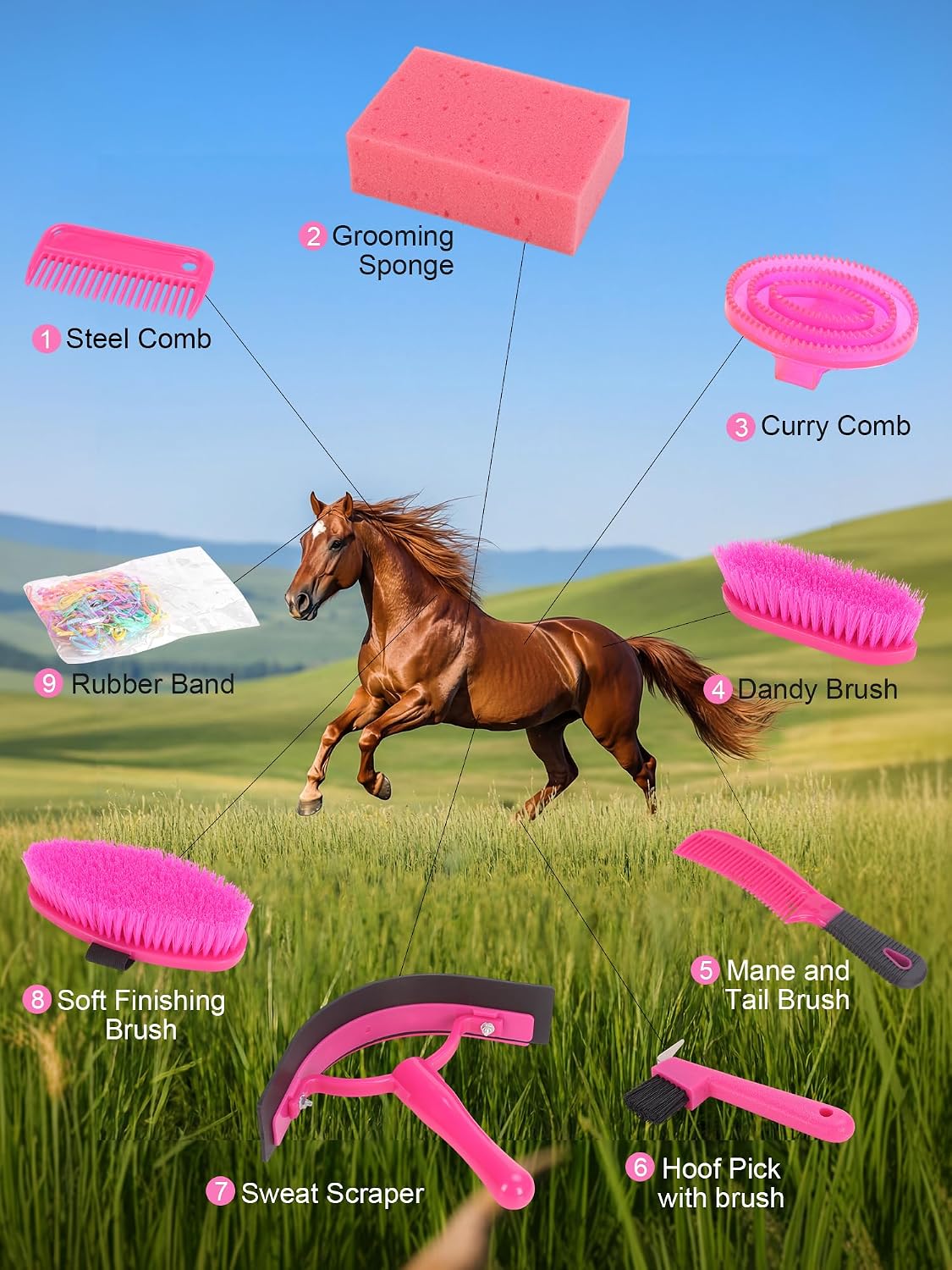 horse grooming kit, pink storage bag with 10 showing dimensions