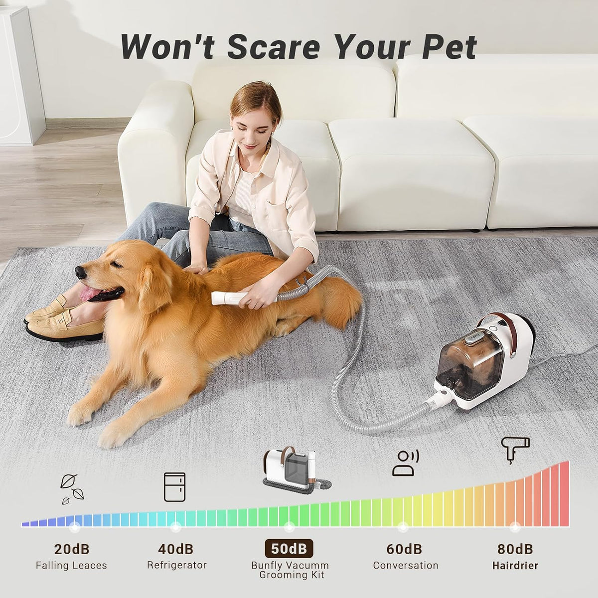 bunfly dog grooming kit & dog hair vacuum showing dimensions
