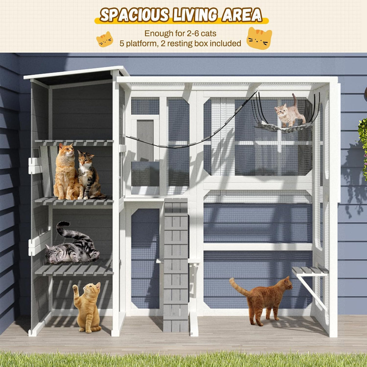 large 4-tier outdoor cat enclosure walk-in catio, grey shown in use