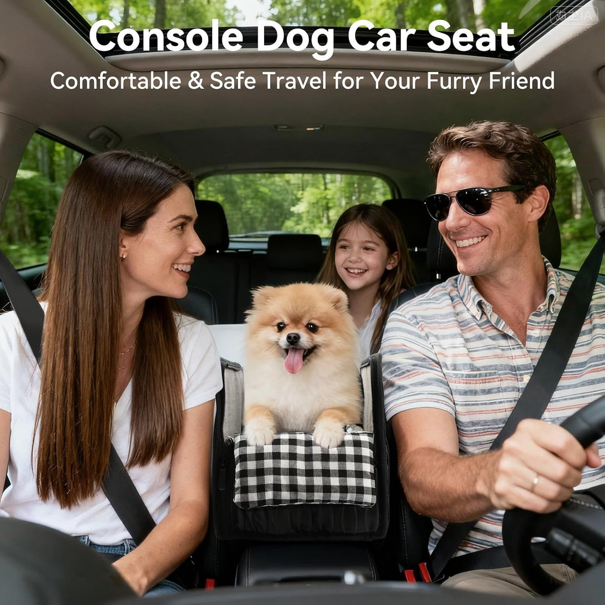 center console dog car seat, dog booster seat shown in use