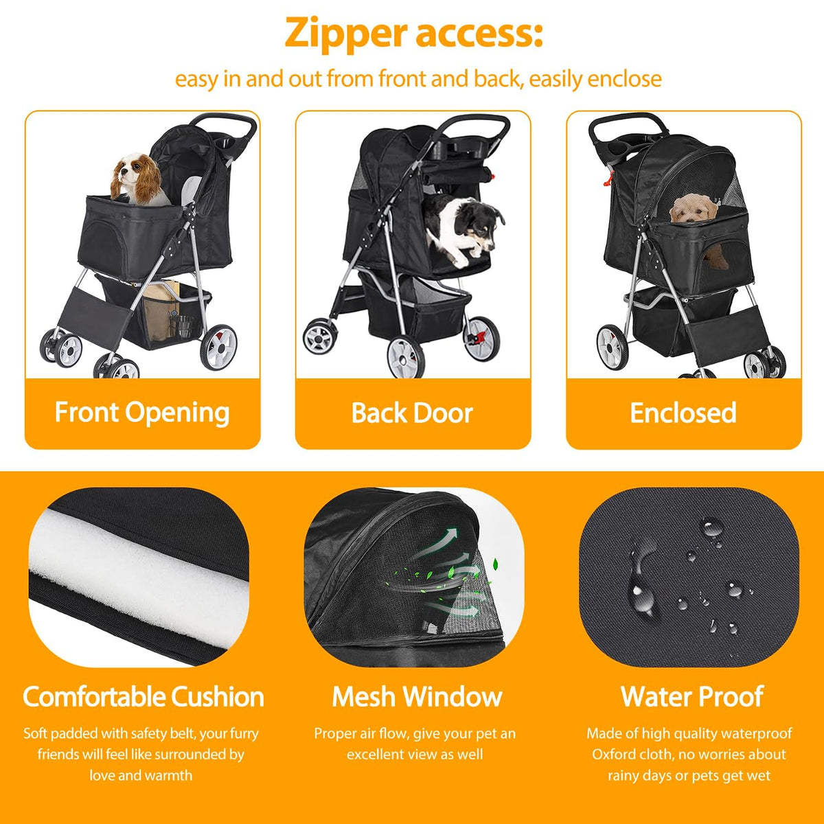 pet stroller for dogs, black 4 wheels cat shown in use