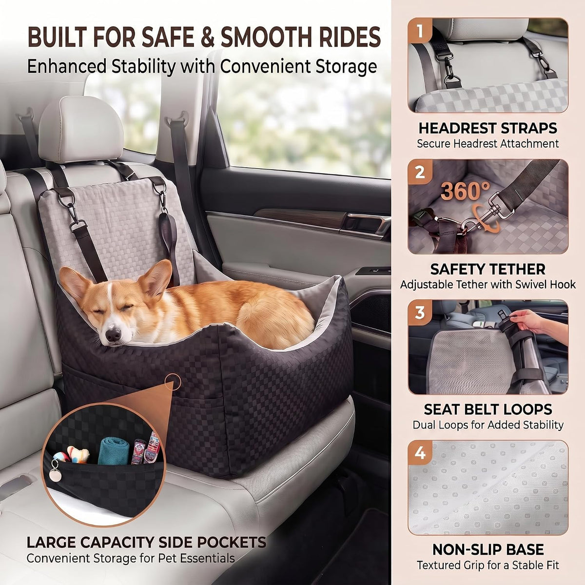dog car seat, 5" elevated cushion, front/back seat, side view